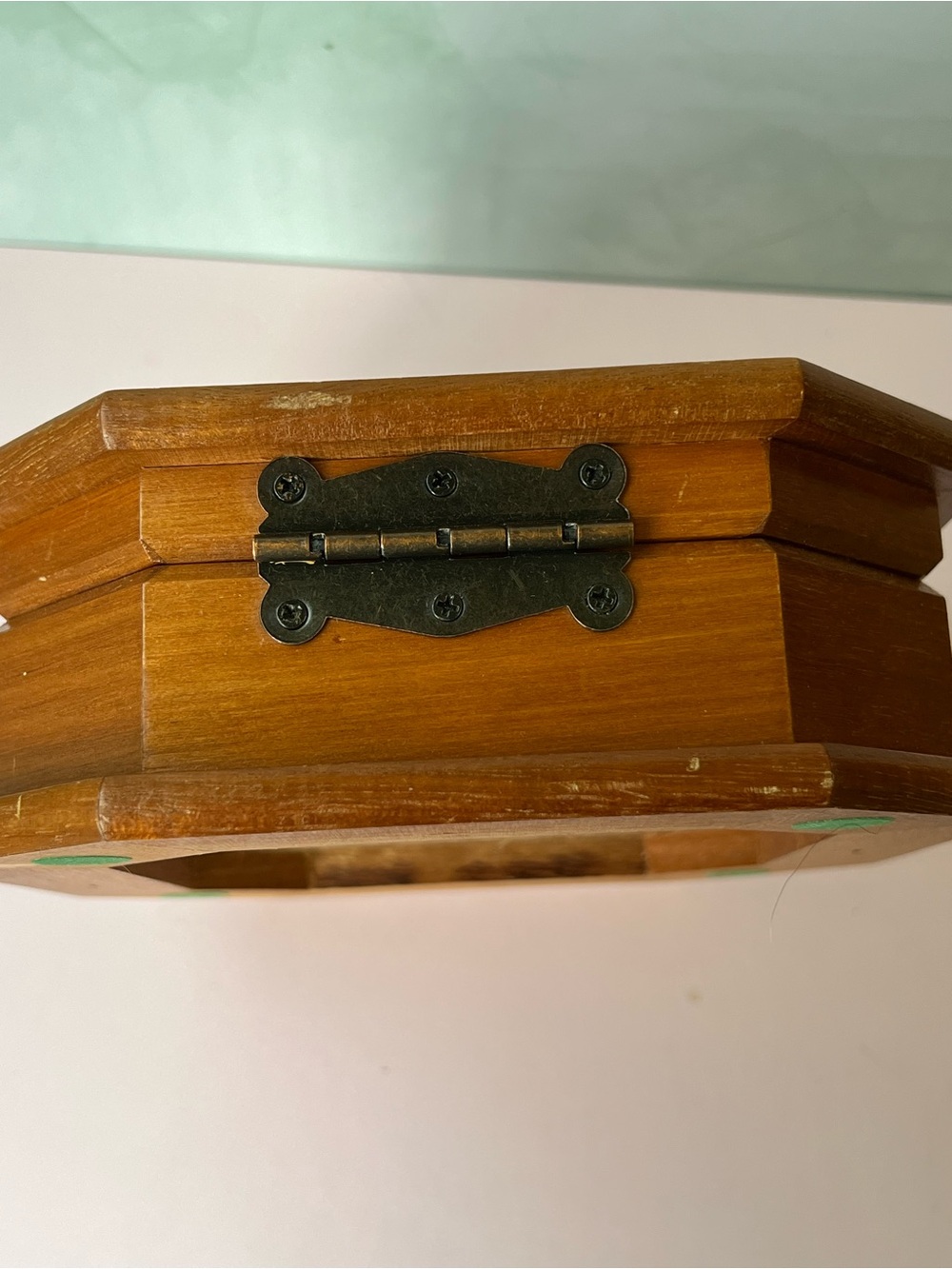Vintage Mele Octagonal Wooden Jewelry Box Stained Glass Floral Top 1980s - Picture 8 of 10